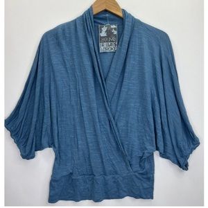 Young Fabulous & Broke Blue Batwing Faux Wrap Top 3/4 Sleeve Shirt Size Medium